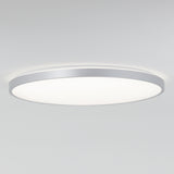 A modern, round, flush-mounted ceiling light with a white diffuser and a slim metallic frame, glowing softly against a plain white ceiling.