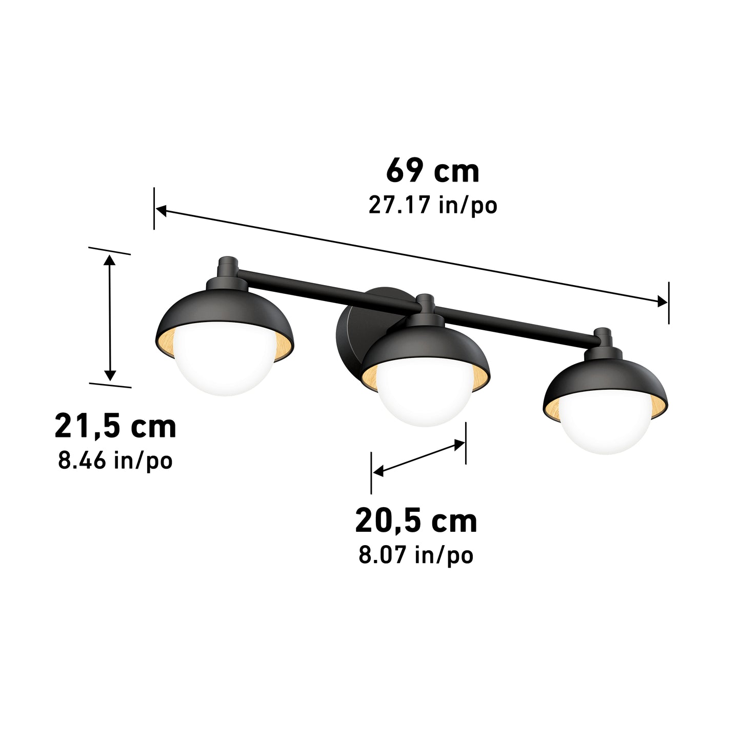 The Artika Boden LED mid-century bathroom vanity light features three lights with round white glass shades. It measures 69 cm wide, 21.5 cm tall, and extends 20.5 cm from the wall. Five selectable color temperatures included.