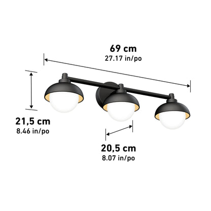 The Artika Boden LED mid-century bathroom vanity light features three lights with round white glass shades. It measures 69 cm wide, 21.5 cm tall, and extends 20.5 cm from the wall. Five selectable color temperatures included.