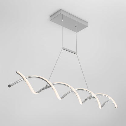 The DNA Linear LED modern pendant light by Artika-CAN-dev features two wave-like integrated LEDs on a rectangular silver base, suspended by thin metal rods against a plain white background.
