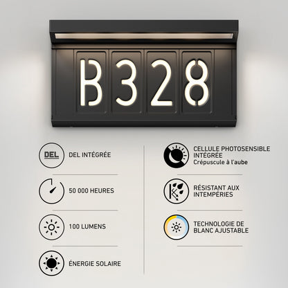 The Artika Bowen solar LED outdoor address wall light 5 CCT showcases model B328 with icons and French text, highlighting 100 lumens, integrated LED (50,000 hrs), dusk-to-dawn sensor, weather resistance, and adjustable white technology.