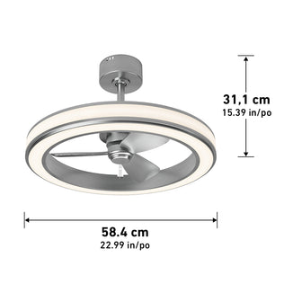 The Artika Edwin 23 in. LED modern ceiling fan features a sleek metallic finish, three blades, and an integrated circular light. It measures 31.1 cm high by 58.4 cm diameter and offers remote control operation with three speeds.