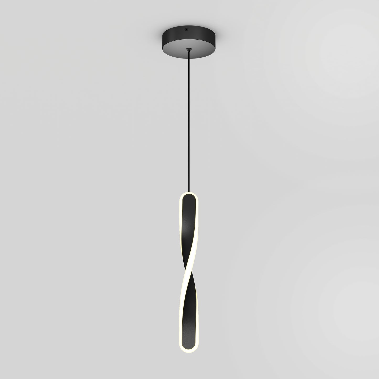 The Artika Finley modern LED pendant light 5 CCT features a black circular ceiling mount and a suspended twisted loop design with a glowing white LED strip, shown against a plain light gray background.