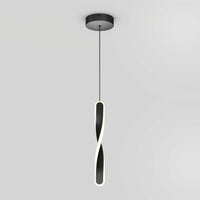 The Artika Finley modern LED pendant light 5 CCT features a black circular ceiling mount and a suspended twisted loop design with a glowing white LED strip, shown against a plain light gray background.