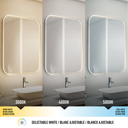 Three bathroom mirrors are shown, each illuminated with different LED lighting temperatures: warm white (3000K), neutral white (4000K), and cool white (5000K). A color temperature scale is displayed below.