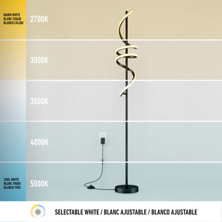 The Artika Coda modern LED floor lamp 5CCT features a spiral design and offers adjustable white light color temperatures from 2700K to 5000K, with selectable dimmable options for customizable lighting against any wall.