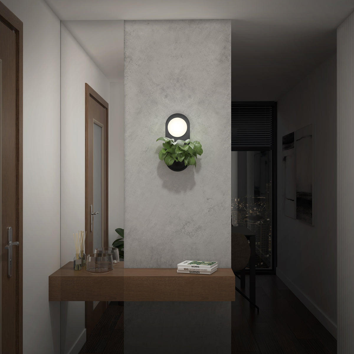 A modern hallway features the Artika Bloomfield LED modern mid-century wall sconce 5 CCT on a gray partition above a wooden console table with decor and a plant; a cityscape glows through the window in the adjacent dark room.