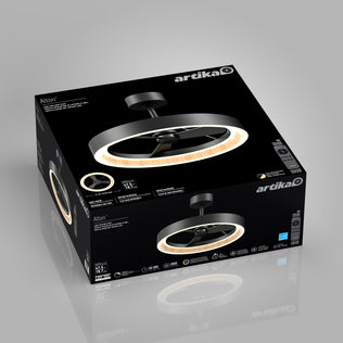 A box for the Artika Alton 24 in. LED modern ceiling fan with 3 speeds and remote, showing an image of the black fan with LED light ring on the packaging, plus product details and specifications.