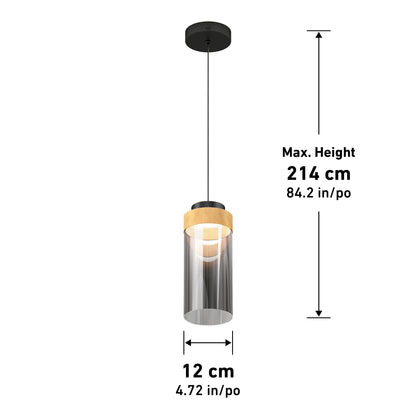 The Artika Hanson 1-light LED pendant features a black ceiling mount, wooden accent, cylindrical glass shade, and black cord. Dimensions: 12 cm (4.72 in) diameter, max height 214 cm (84.2 in). Adjustable 5 CCT lighting.