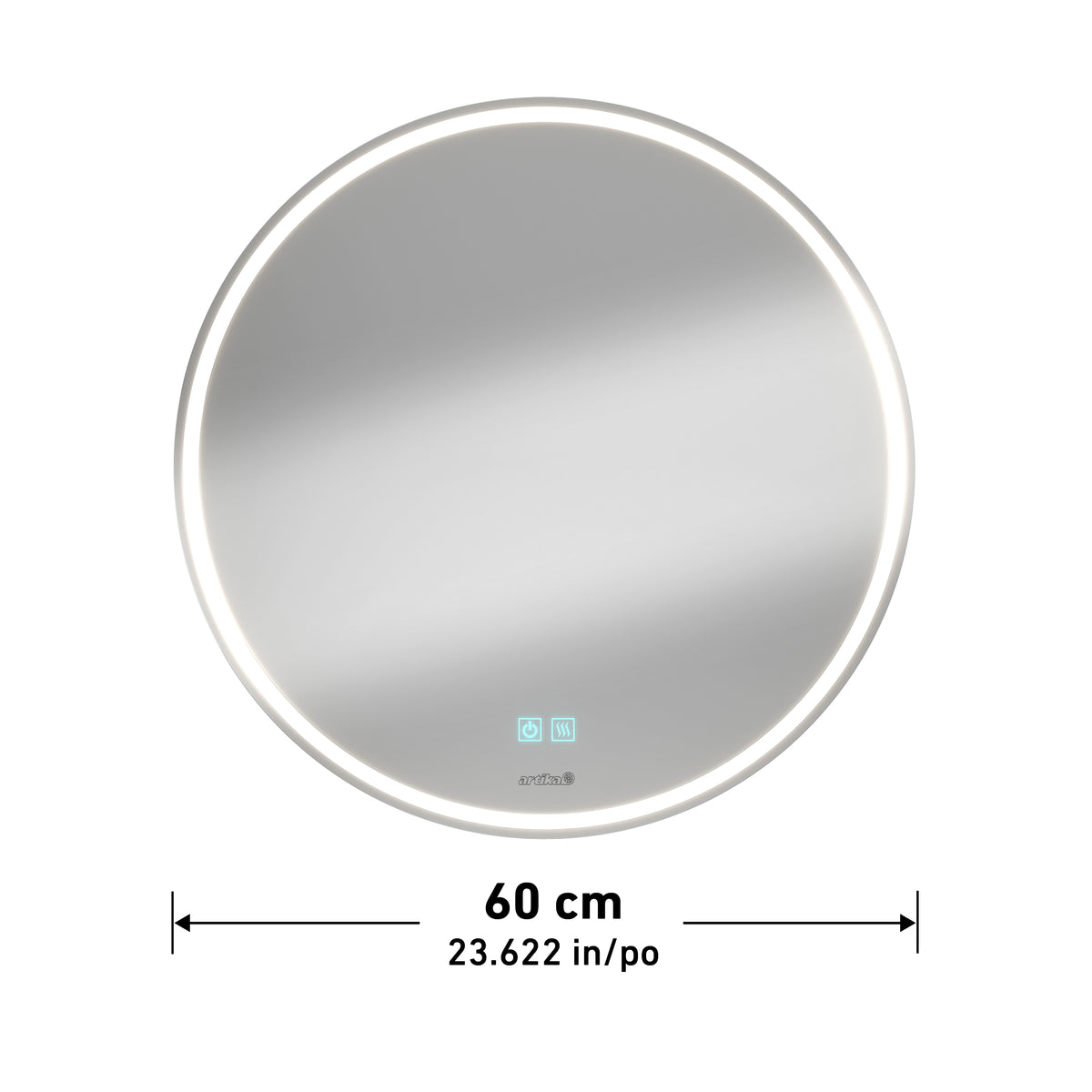 A round, wall-mounted mirror with an illuminated LED edge, a touch control panel, and a diameter of 60 cm (23.622 inches), shown with measurement arrows beneath it.