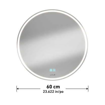 The Artika Emeraude anti fog LED wall mirror features a glowing LED edge, touch screen display, and measures 60 cm (23.622 in) wide, as shown by measurement arrows in the image.