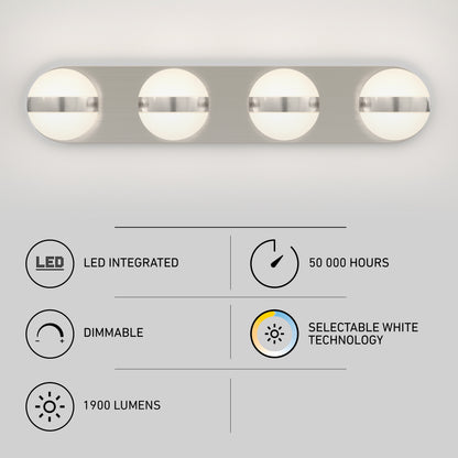 The Artika Baldric LED modern bathroom vanity light has three integrated LED lights, selectable white technology (3 CCT), 1,900 lumens brightness, is dimmable, and offers a 50,000-hour lifespan.