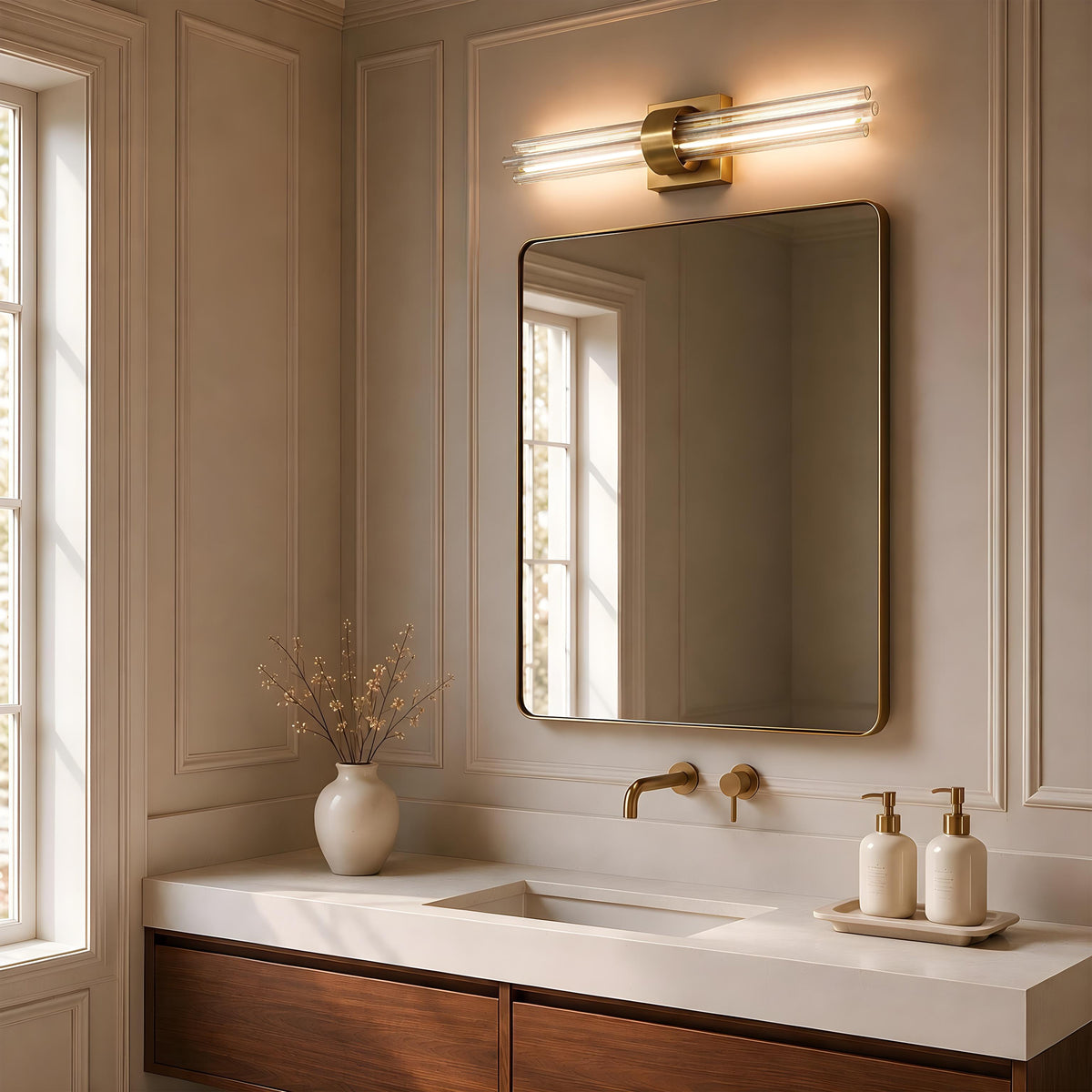 Elegant bathroom with gold fixtures, wood vanity, large mirror, and Artika Dorado 27 in. LED wall vanity light above dried flowers by window.