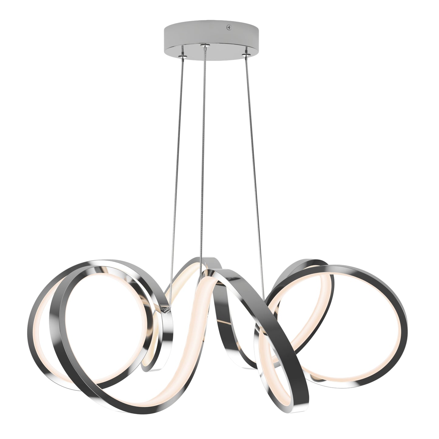 The Artika-CAN-dev Swirl Ribbon LED pendant light features a sleek, chrome-finished looping design suspended by three cables from a round mount, with continuous integrated LED lights illuminating its elegant curves.
