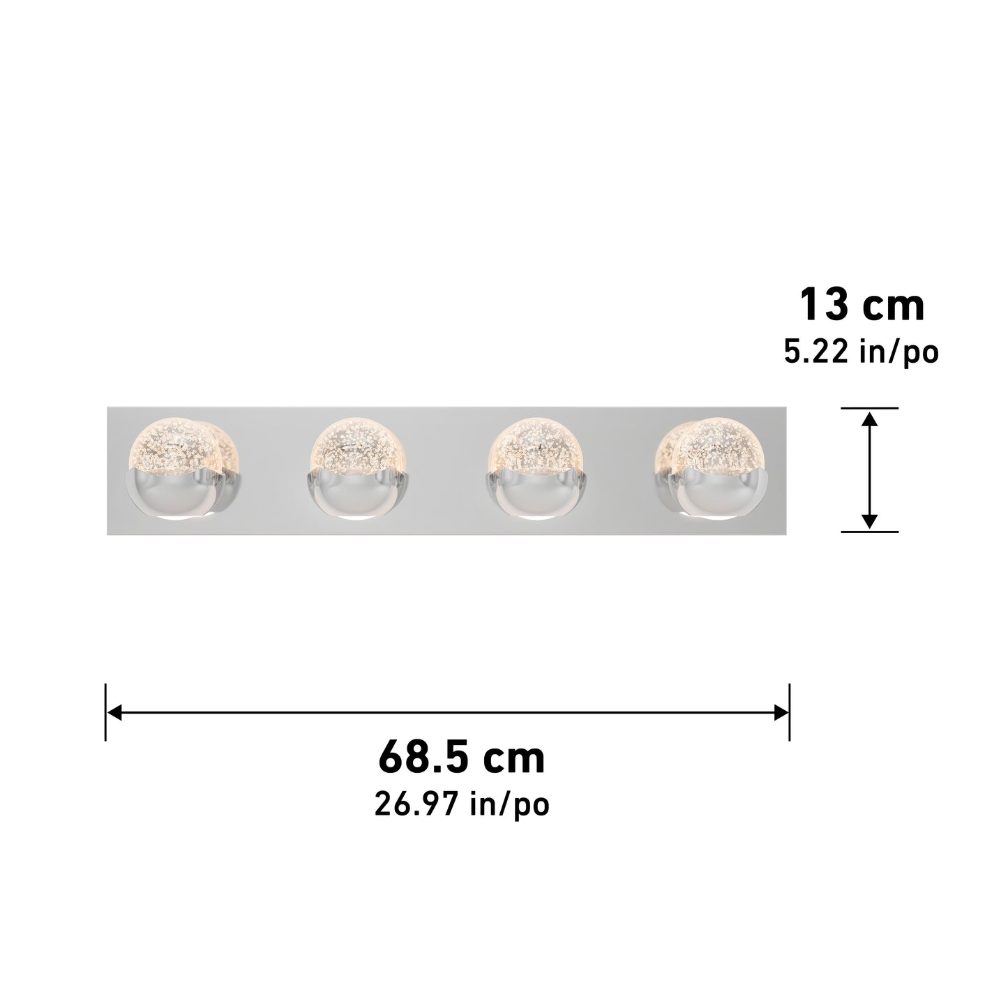The Artika Oracle LED bathroom vanity light features four round glass lights on a rectangular base, measuring 68.5 cm (26.97 in) wide and 13 cm (5.22 in) tall.