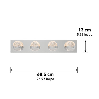 The Artika Oracle LED bathroom vanity light features four round glass lights on a rectangular base, measuring 68.5 cm (26.97 in) wide and 13 cm (5.22 in) tall.