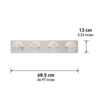 The Artika Oracle LED bathroom vanity light features a rectangular white background with four round lights in clear domed covers. The fixture measures 68.5 cm (26.97 in) wide by 13 cm (5.22 in) tall.