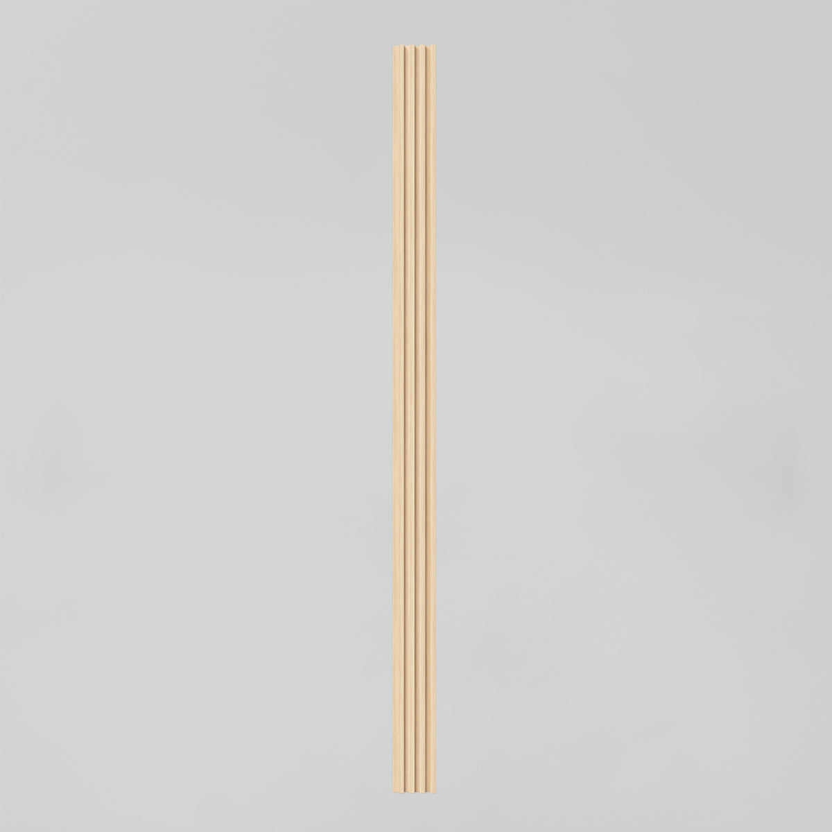 A single light wooden dowel rod with three evenly spaced grooves, standing vertically against a plain light gray background.