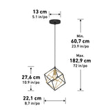 A geometric pendant light with a black and gold metal frame, suspended from a round ceiling mount. Dimensions shown: 22.1 cm wide, 27.6 cm high, adjustable height from 60.7 cm to 182.9 cm.