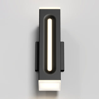 The Artika Linea Square LED indoor-outdoor wall light 3 CCT features a modern rectangular black body, vertical central light strip, illuminated white ends, and is shown mounted on a light gray wall.