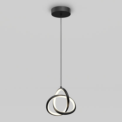 The Artika Zephyr LED pendant features two interlocking black rings with integrated LEDs, suspended by a thin black cord from a round ceiling mount, shown against a plain gray background.