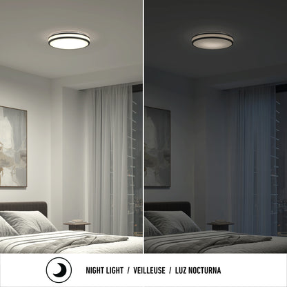 A bedroom featuring the Artika Hemisphere 15 in. LED flush mount light (5 CCT) is shown in two modes: bright white on the left, dim night light on the right. Bed, curtains, and wall art appear in both scenes. Text below: Night Light / Veilleuse / Luz Nocturna.