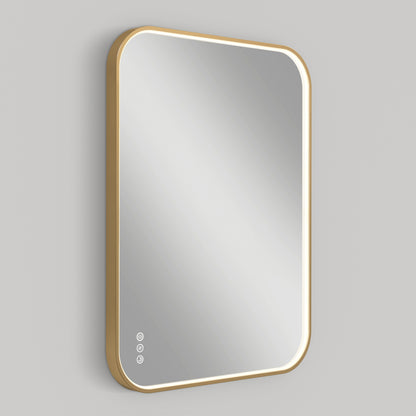 The Artika Royce Dimmable LED Mirror, with a gold frame, rounded corners, three touch buttons in the lower left corner, built-in defogger, and 3 CCT options, is set against a plain gray background.