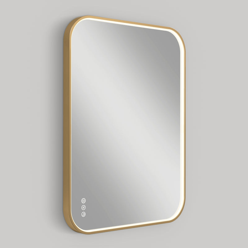 The Artika Royce Dimmable LED Mirror, with a gold frame, rounded corners, three touch buttons in the lower left corner, built-in defogger, and 3 CCT options, is set against a plain gray background.