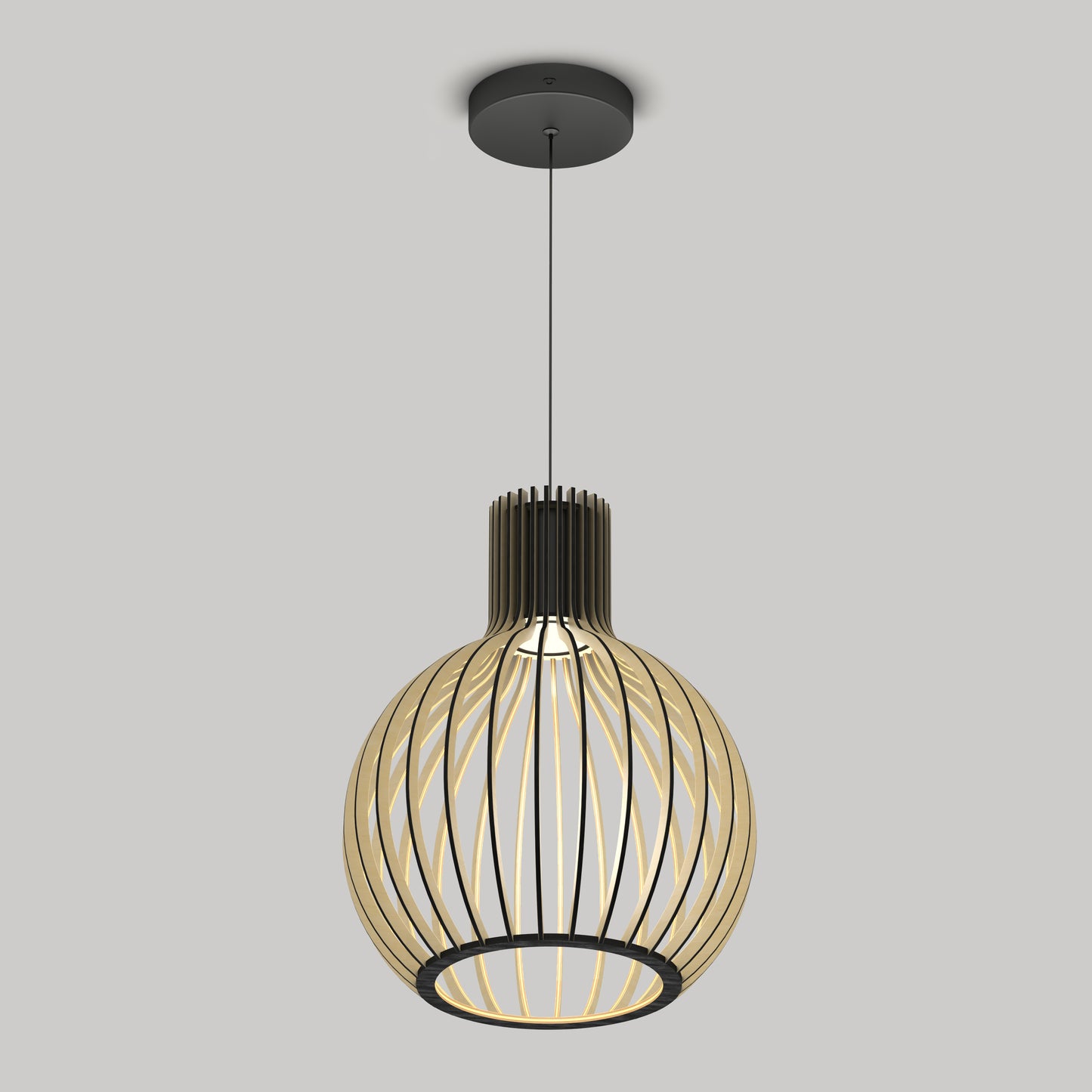 The Artika Tomi LED Pendant Light 3 CCT features a modern spherical wooden cage design, hanging from a black ceiling mount on a single cord, casting a warm glow against a plain light gray background.