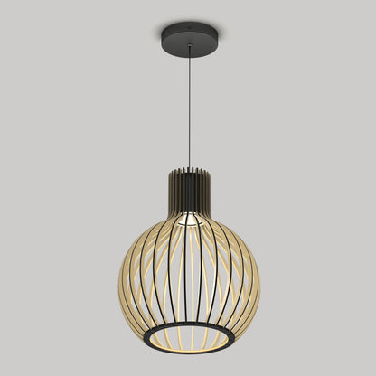 The Artika Tomi LED Pendant Light 3 CCT features a modern spherical wooden cage design, hanging from a black ceiling mount on a single cord, casting a warm glow against a plain light gray background.