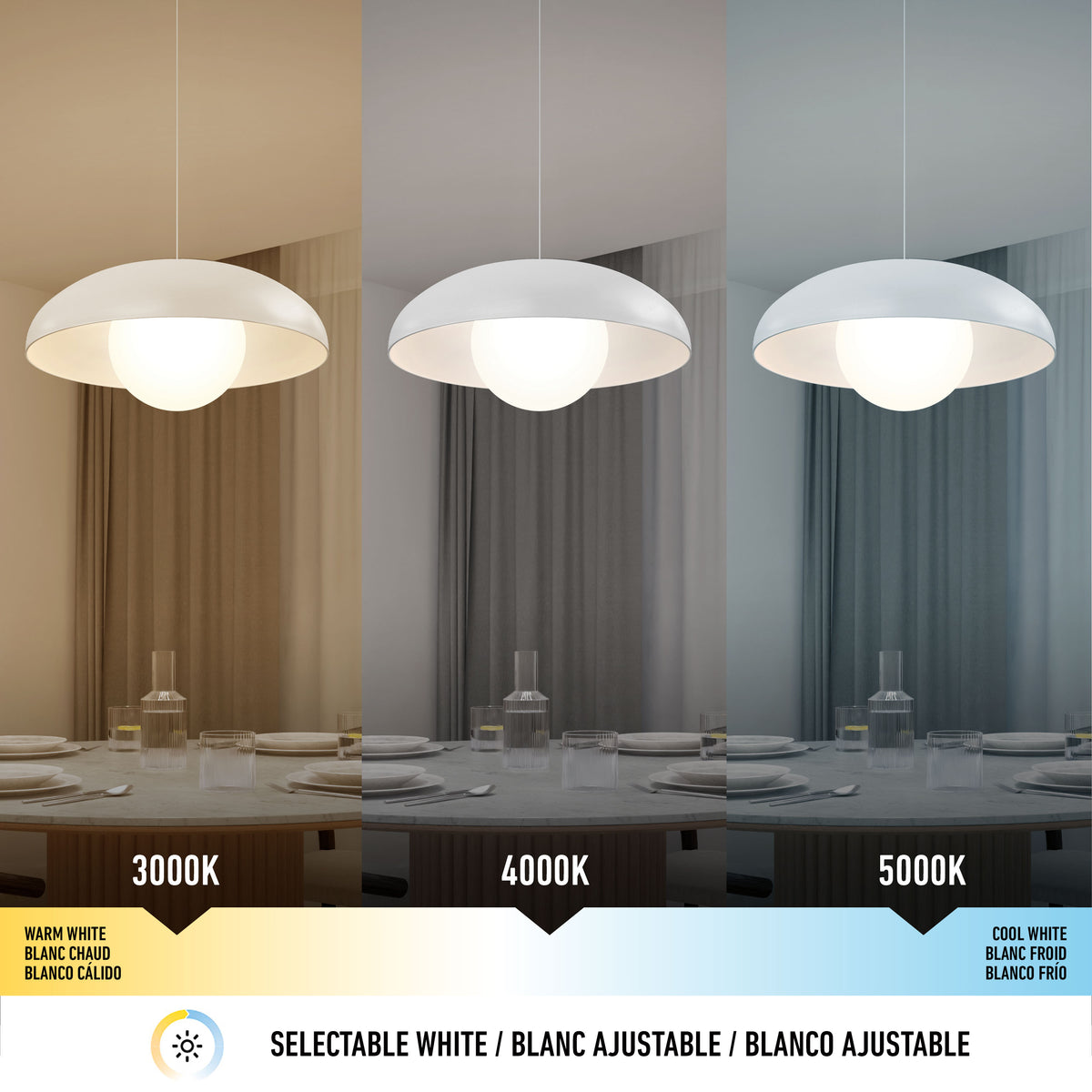 Three images of a modern pendant light above a dining table show different white light settings: warm white (3000K), neutral white (4000K), and cool white (5000K). Text and a color bar describe selectable white options.