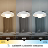 Three images of a modern pendant light above a dining table show different white light settings: warm white (3000K), neutral white (4000K), and cool white (5000K). Text and a color bar describe selectable white options.