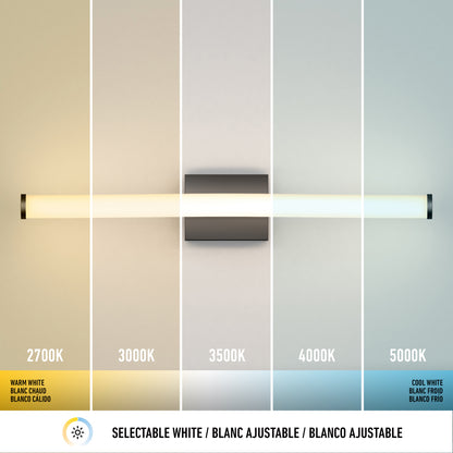 The Artika Arc modern LED bathroom vanity light 5 CCT features five wall-mounted segments, each displaying a different color temperature from warm white (2700K) to cool white (5000K), with labels showing Kelvin values and descriptions.
