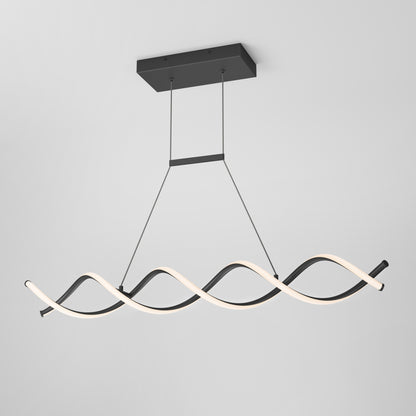 The Artika DNA Linear LED modern pendant light features two intertwined wave-shaped strips—one black, one illuminated white—suspended from a black rectangular base by thin rods against a plain white wall.