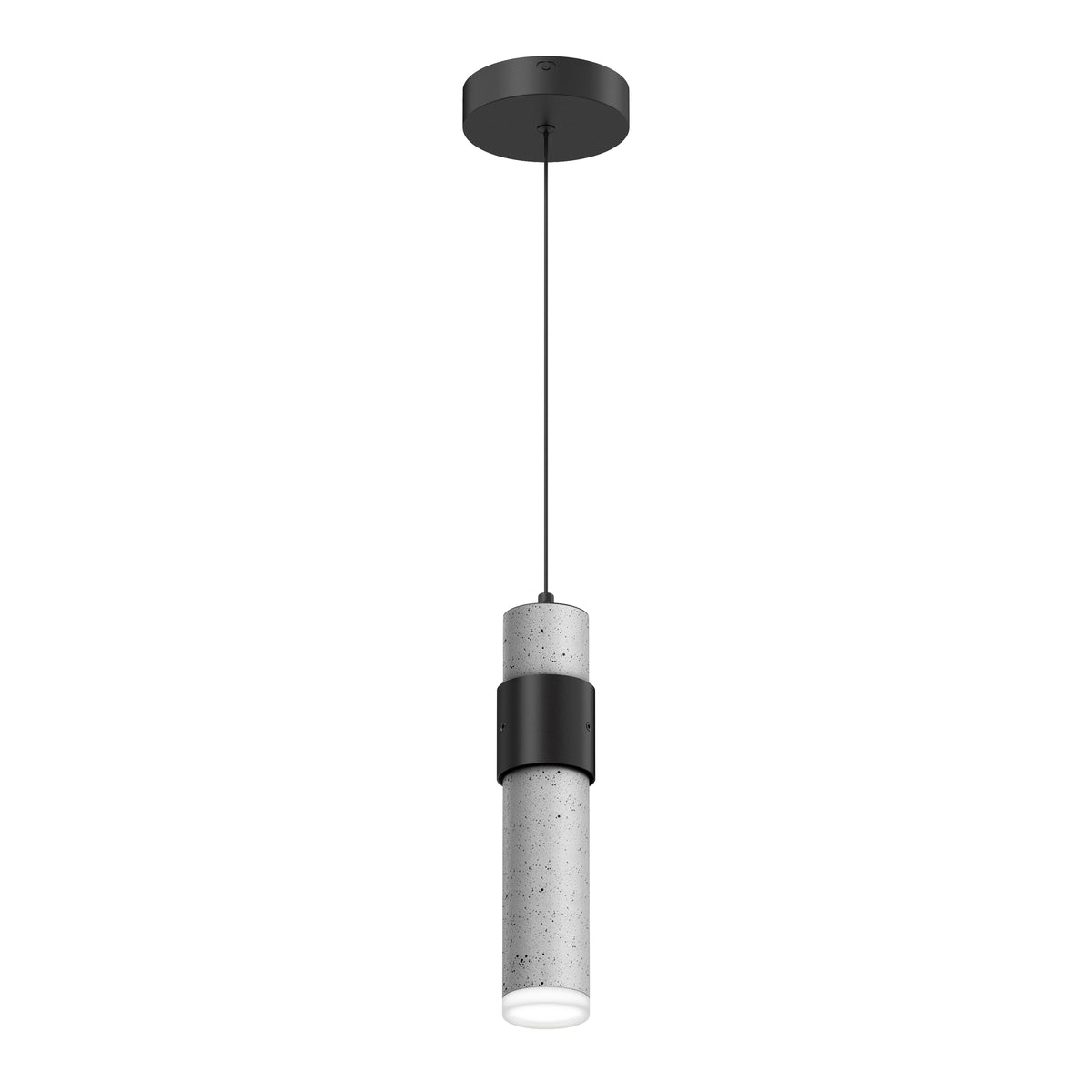 A modern pendant light with a cylindrical concrete shade, a black metal accent band in the center, and a black cord connecting it to a round ceiling mount.
