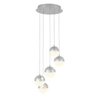 The Artika Sparkle 5-light LED pendant features five spherical shades, each half frosted-white and half metallic silver, hanging at varying lengths from a round ceiling mount.