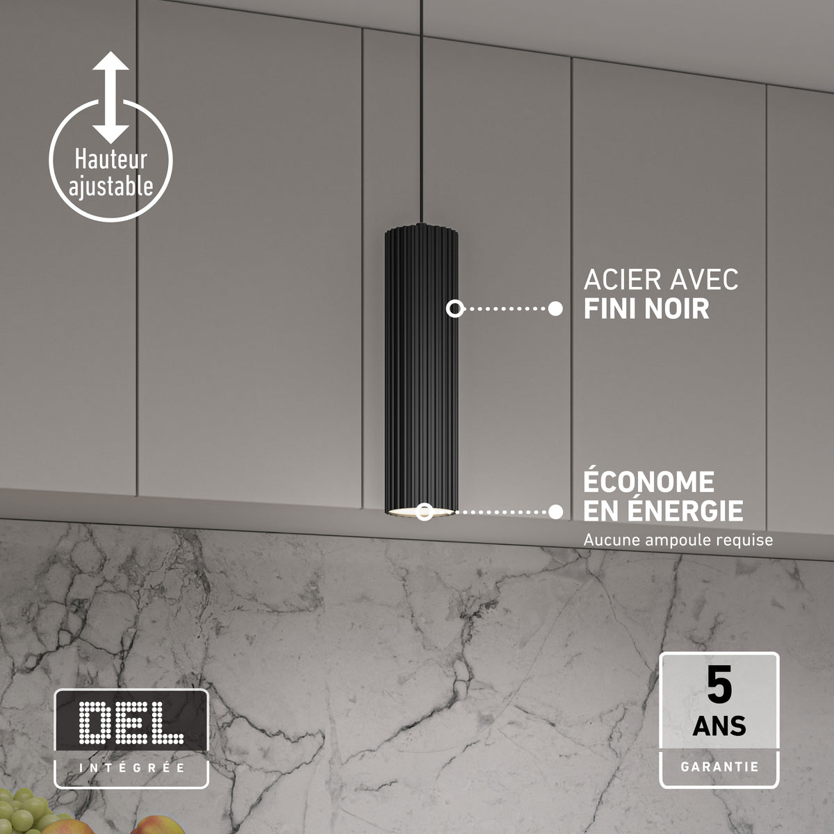 Artika Groove LED pendant, 3 CCT, with textured wood finish; features and 5-year warranty detailed in French text.