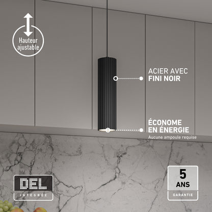 Artika Groove LED pendant, 3 CCT, with textured wood finish; features and 5-year warranty detailed in French text.