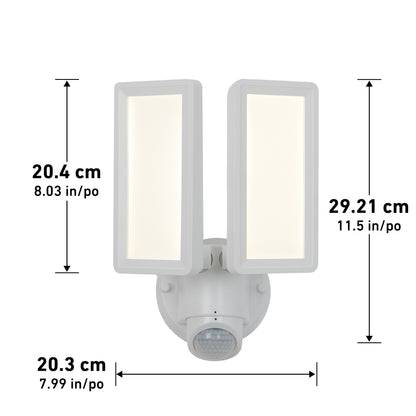 The Artika Sentinel outdoor Flat Panel Security light is a white, dual-panel LED floodlight with motion sensor on a round base. Dimensions: 20.4 cm (8 in) high, 20.3 cm (8 in) wide, and total height 29.21 cm (11.5 in).