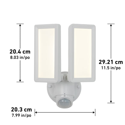 Artika Sentinel outdoor Flat Panel Security light: a white LED floodlight with two adjustable rectangular panels and a motion sensor at the base. Dimensions: 20.4 cm H x 29.21 cm W x 20.3 cm D (with inch equivalents marked).
