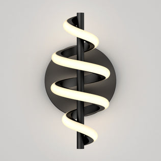 The Artika Chorus LED Wall Light features a matte black circular base and central rod, wrapped by a glowing, spiral-shaped LED in a smooth helix, shown against a plain gray background.