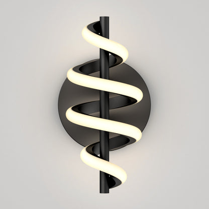 The Artika Chorus LED Wall Light features a matte black circular base and central rod, wrapped by a glowing, spiral-shaped LED in a smooth helix, shown against a plain gray background.