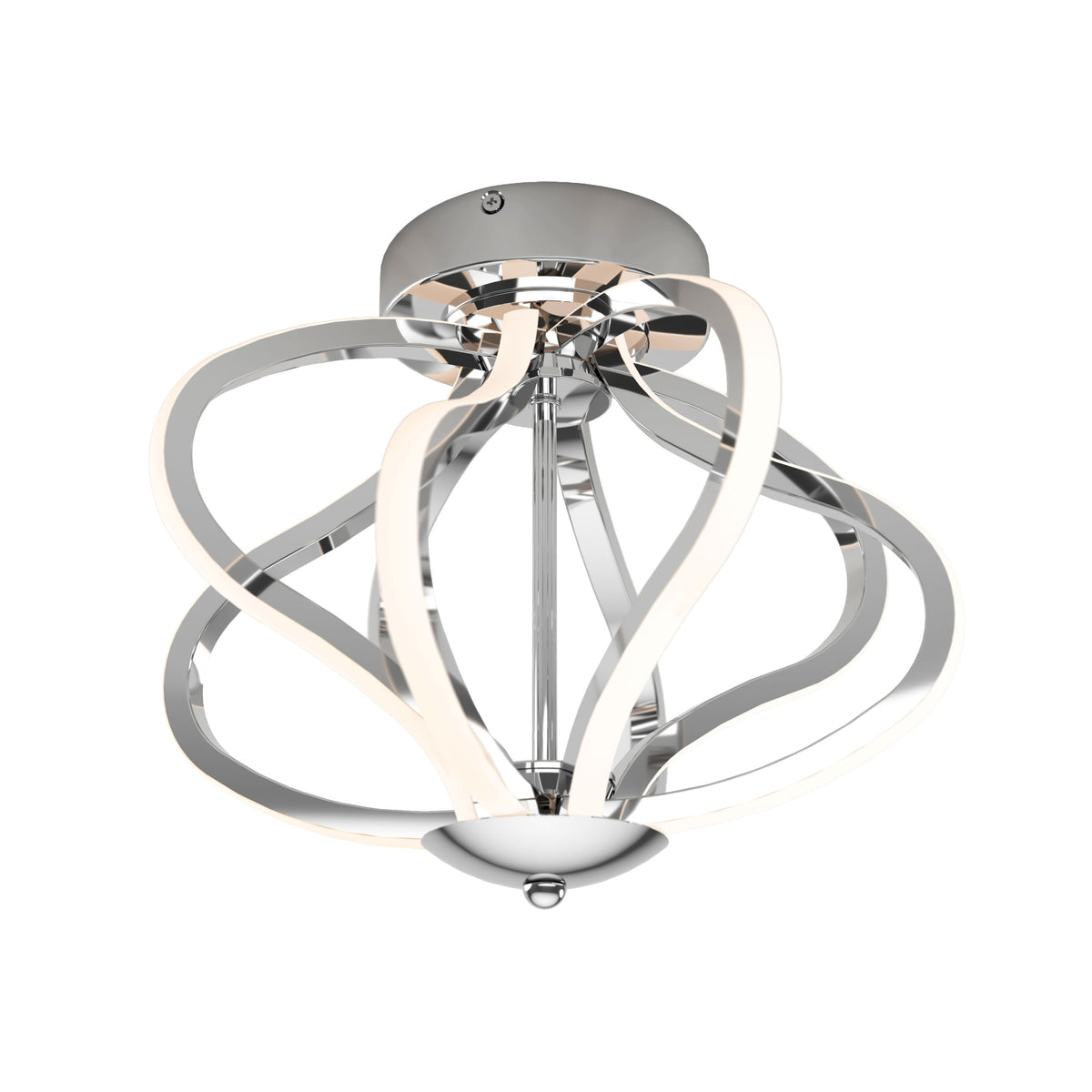 Modern ceiling light fixture with curving, chrome-finished metal arms and integrated LED strips, forming an open, sculptural design. The fixture is mounted to a circular chrome base.
