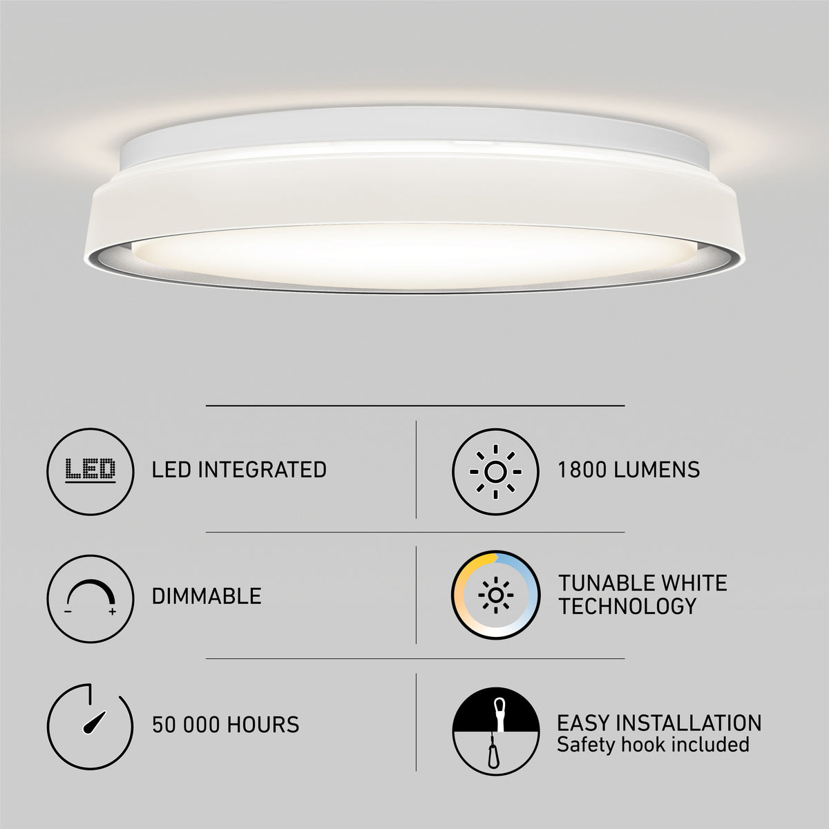 A round, modern ceiling light with features listed: LED integrated, 1800 lumens, dimmable, tunable white technology, 50,000 hours lifespan, and easy installation with a safety hook.