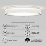 A round, modern ceiling light with features listed: LED integrated, 1800 lumens, dimmable, tunable white technology, 50,000 hours lifespan, and easy installation with a safety hook.