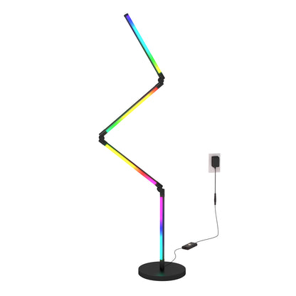 The Artika Fitch smart foldable RGB LED gaming floor lamp features four angled, zigzag segments that glow in multiple colors and stands on a round black base. This modern lamp plugs into any wall outlet.