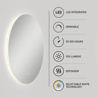 On the left is the Artika Raya 24 in. LED mirror 3 CCT with defogger; on the right, icons highlight its integrated LEDs, dimmable feature, 50,000-hour life, 950 lumens, defogger, and selectable white technology.