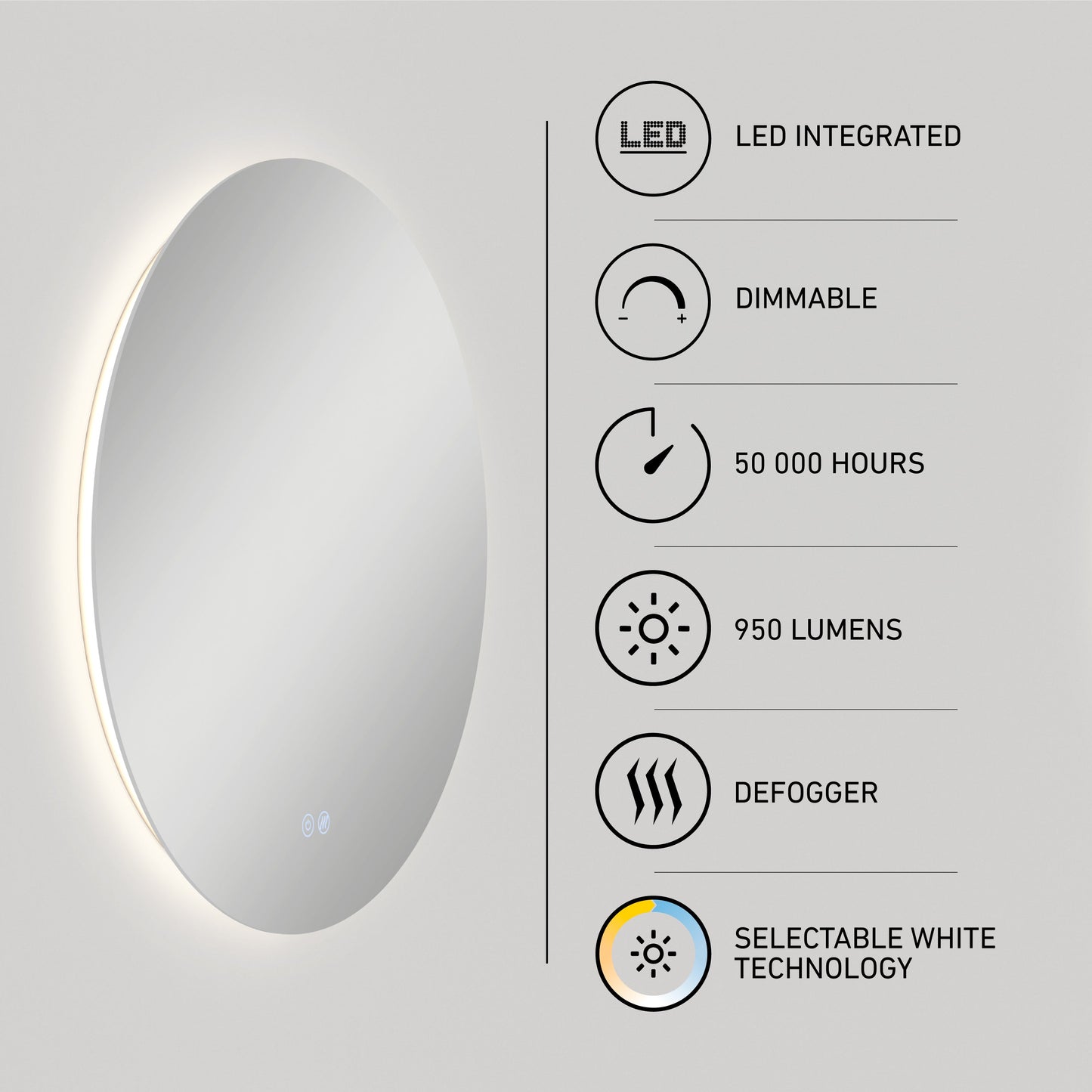 The Artika-CAN-dev Raya 24 in. LED mirror 3 CCT with defogger is shown, alongside icons for integrated LED, dimmable light, 50,000-hour lifespan, 950 lumens, defogger function, and selectable white technology.
