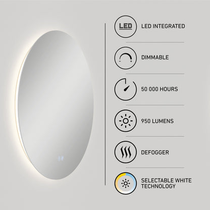 The Artika-CAN-dev Raya 24 in. LED mirror 3 CCT with defogger is shown, alongside icons for integrated LED, dimmable light, 50,000-hour lifespan, 950 lumens, defogger function, and selectable white technology.