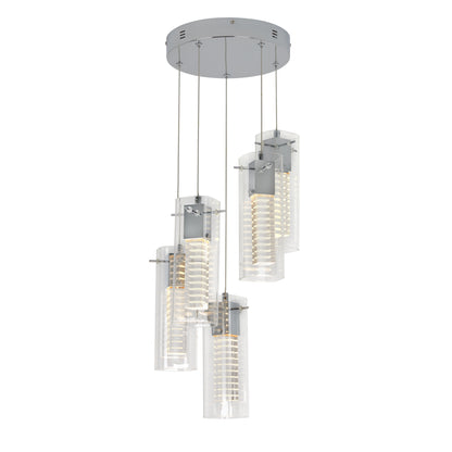 The Artika Hologram 5-light LED pendant features five cylindrical glass shades with spiral LED elements, suspended at varying heights from a round chrome base for a striking modern look.